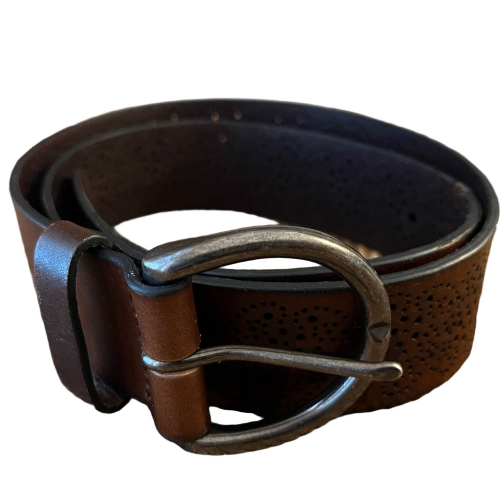 American Eagle Brown Leather Perforated Belt Gunmetal Round Buckle XS